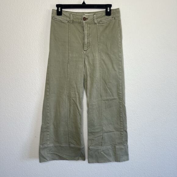 Anthropologie Wide Leg High Rise Pintuck Chino Pants Pockets Olive Size 4 Ae21 - Picture 2 of 6